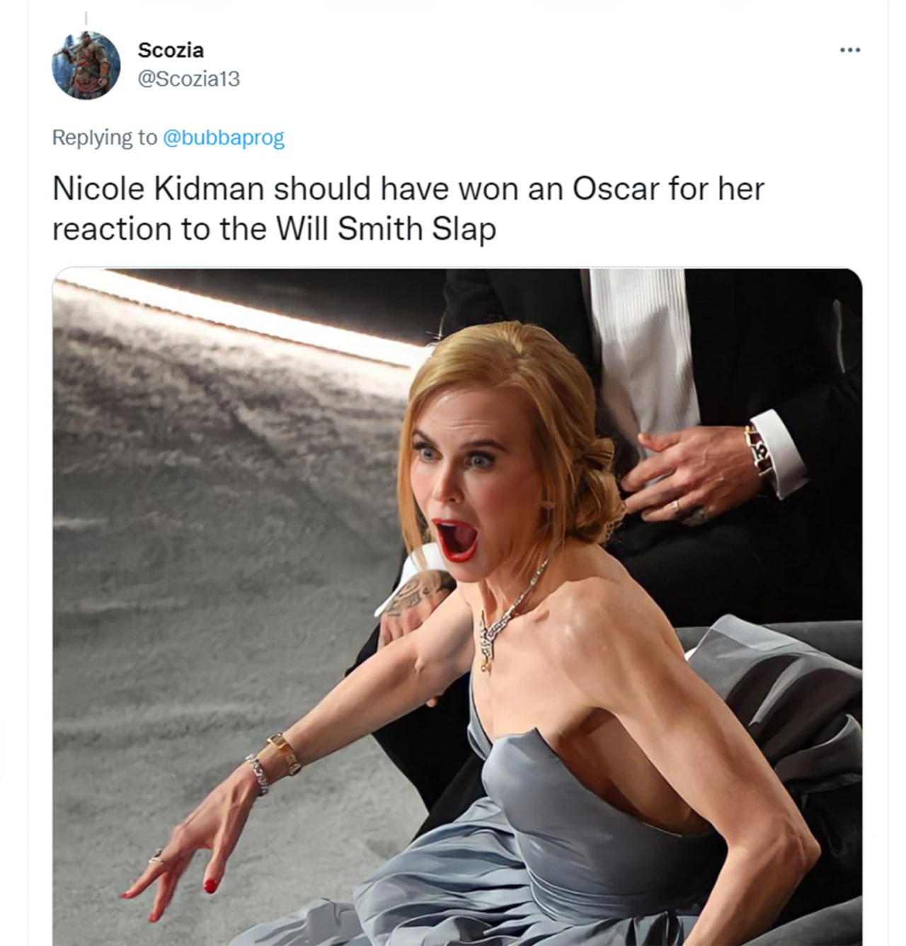 Reaction Nicole Kidman Memen Will Smith Slap Gifle Chris Rock Oscars 2022 Meme - Capture Copie Ecran Twitter - Plare