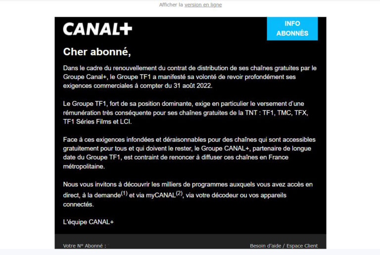 Canal + abonnement arret diffusion chaine TF1 - Plare