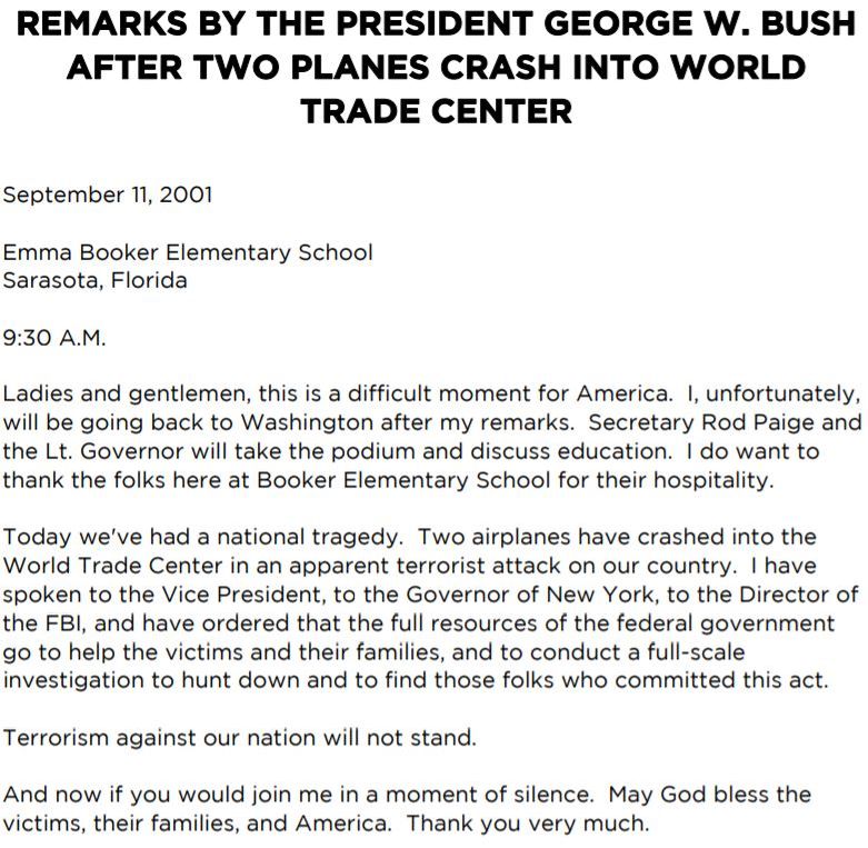 Discours Goerges W Bush 2001 Attentats septembre