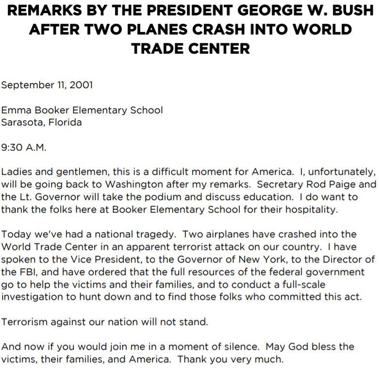 Discours Goerges W Bush 2001 Attentats septembre