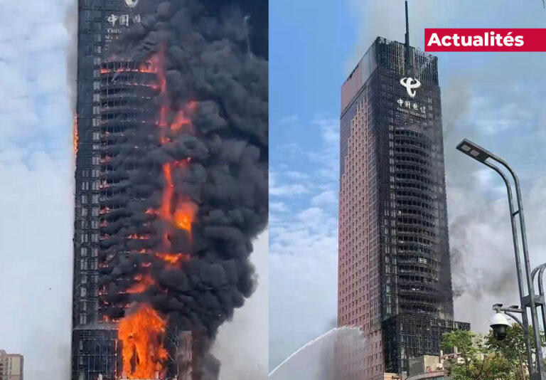 Gratte ciel feu incendie immeuble brule facade chine Plare