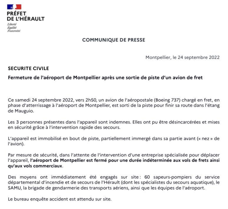 Préfecture de l'herault Communique securité civile accident aeroport montpellier Plare
