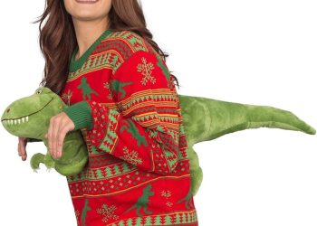 Un pull de Noël avec une peluche T-Rex certainement le meilleur pull de tous les temps