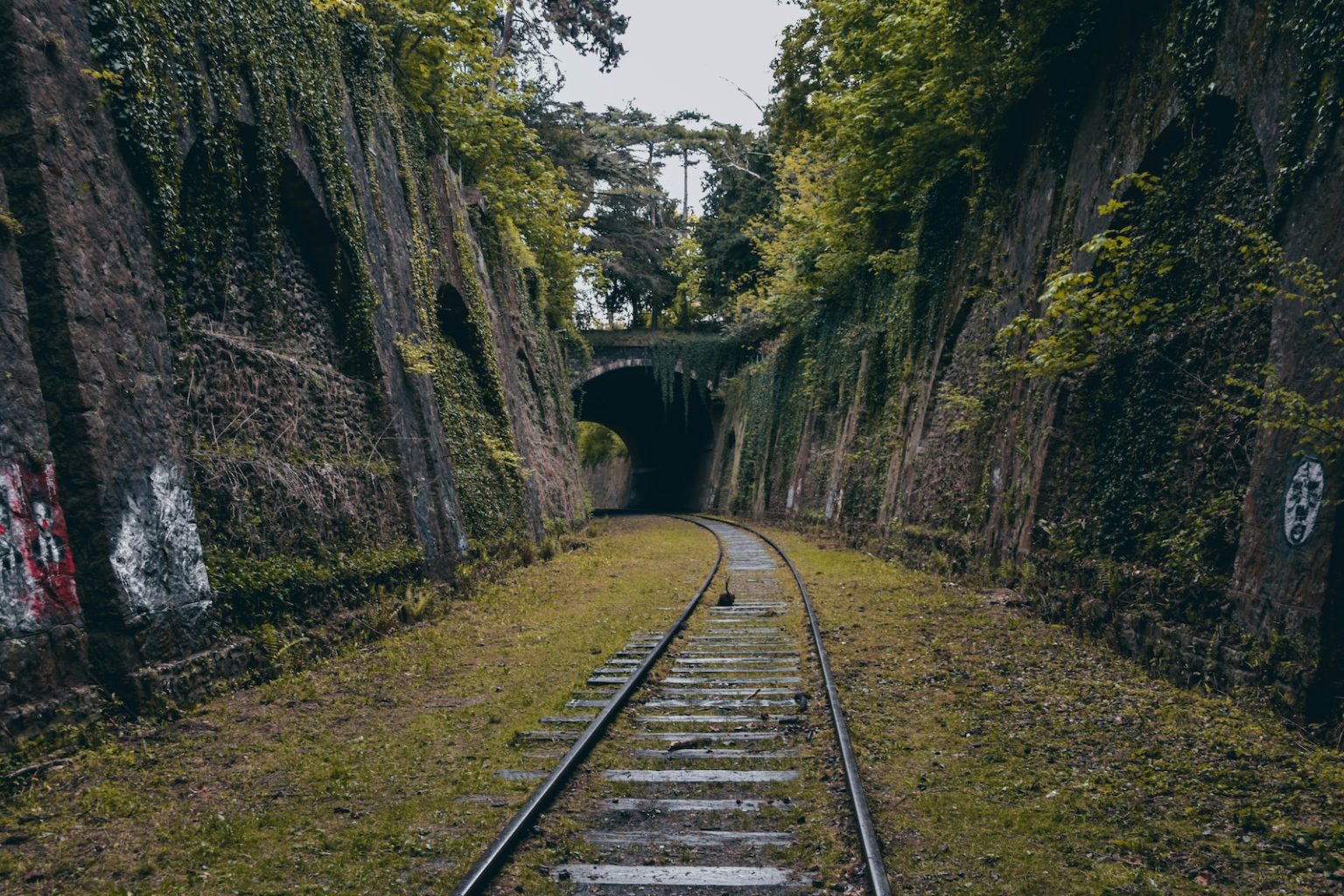 a train track going through a tunnel with graffiti on it