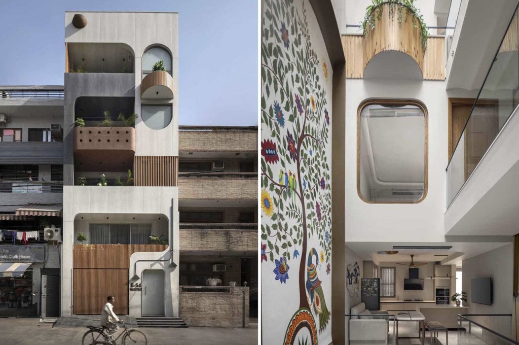 Cette maison élancée de New Delhi est animée par une peinture murale colorée qui s’étend sur plusieurs étages.