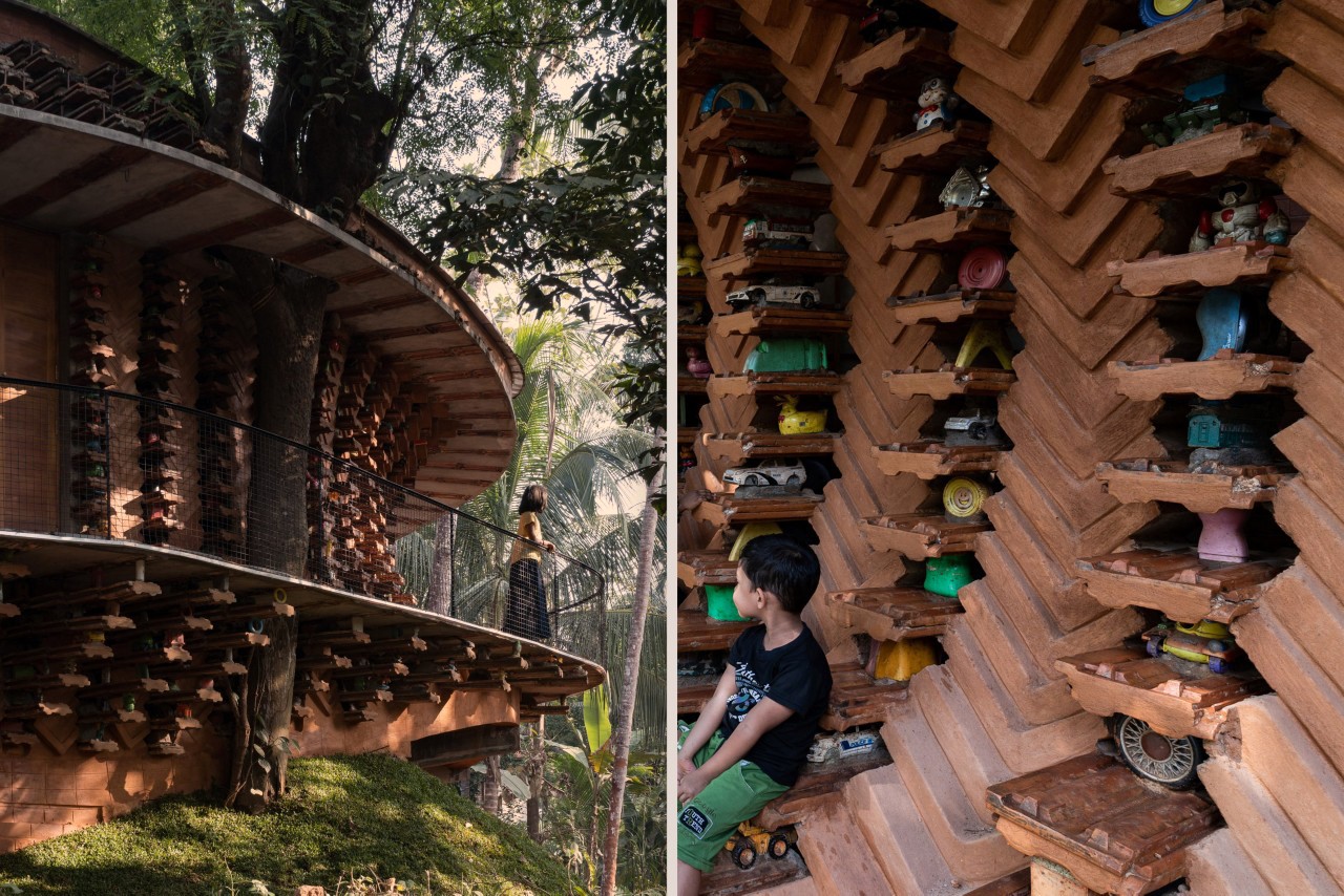 Une maison circulaire durable presente des jouets jetes sur les - plare.