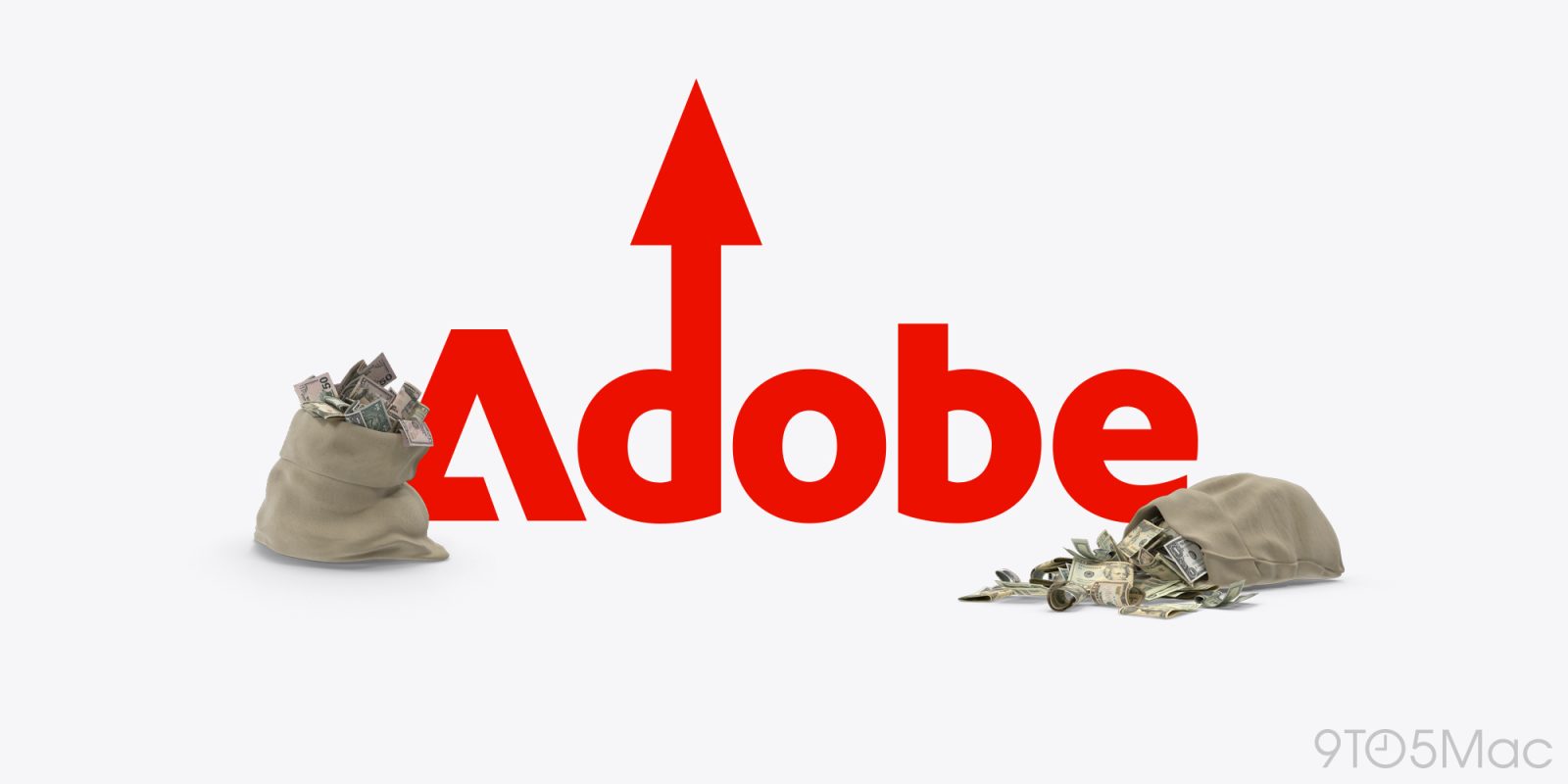 Le plan Adobe Creative Cloud de niveau supérieur augmente à 717,68 € par an - plare. Top tier Adobe Creative Cloud plan increasing to $800 per year | Adobe logo with up arrow and bags of money