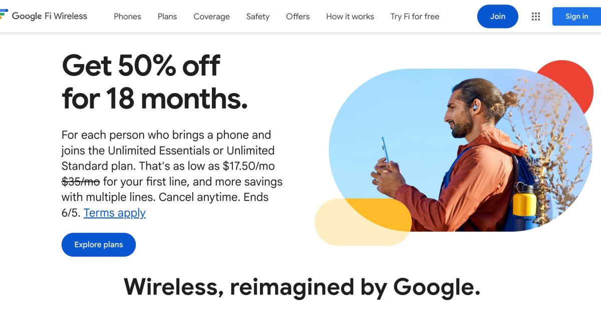 Profitez de 50 % de réduction sur l'abonnement illimité Essentials de Google Fi, à partir de 16,50 € par mois.