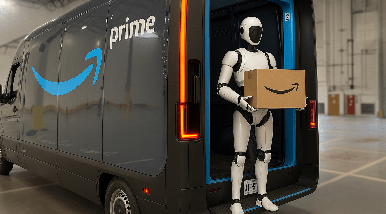 Amazon humanoid robot Rivian electric van - plare.