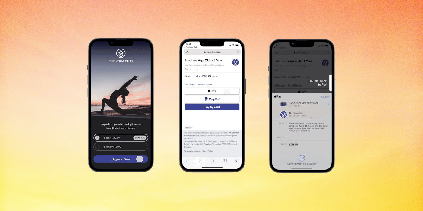 Système alternatif de paiement in-app : support d'Apple Pay pour une expérience fluide - plare. Alternative in-app purchase system supports Apple Pay (screengrabs of the flow shown)