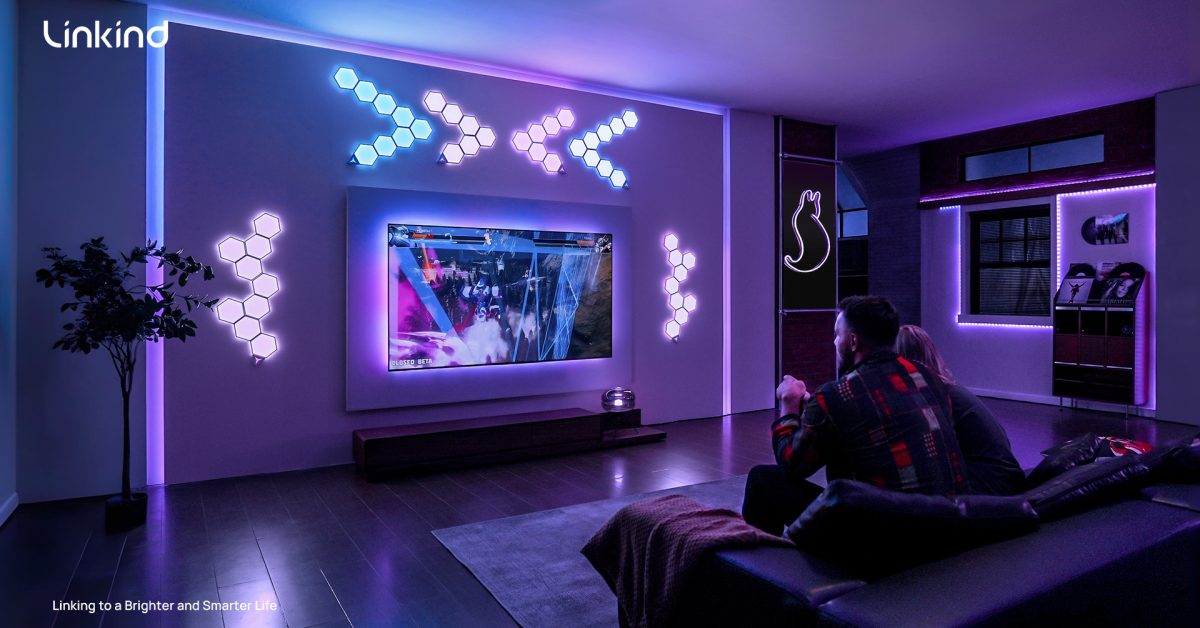 Créez un espace média immersif et personnalisable avec les panneaux hexagonaux Linkind EP6 et luminaires TV