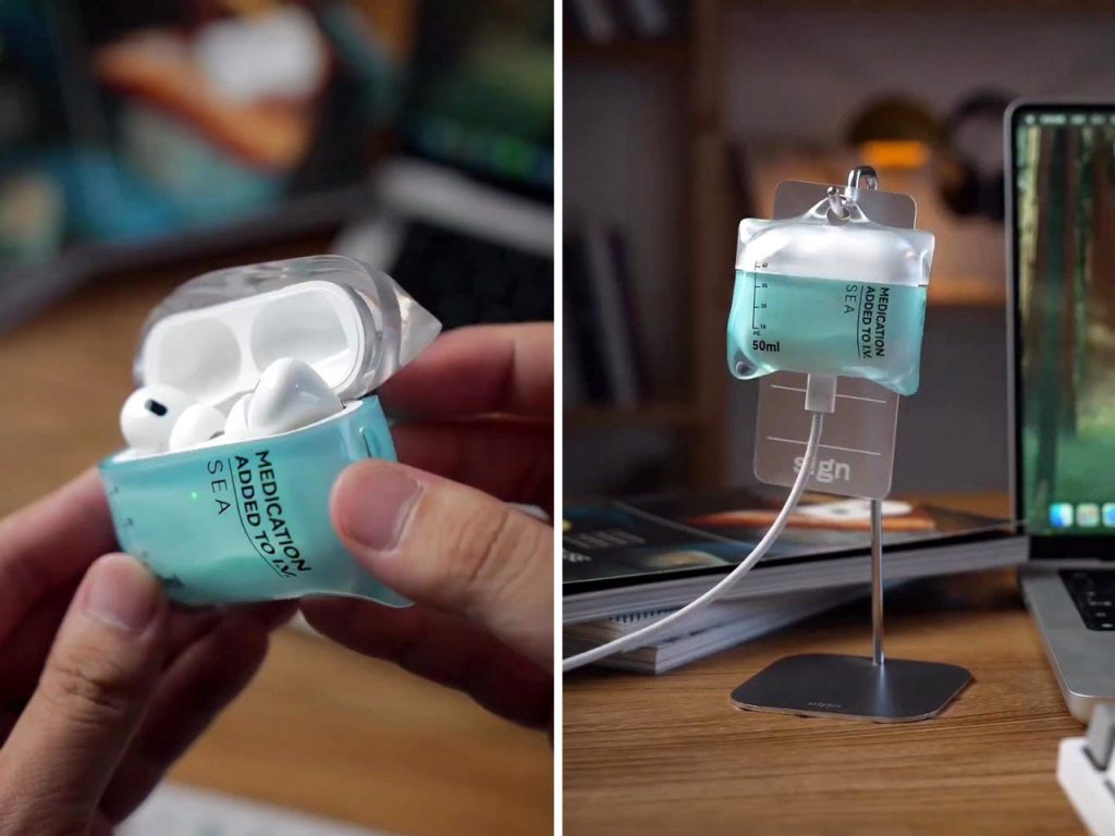 Découvrez cette coque AirPods au design IV Saline : ‘Injectez la musique dans vos veines’!