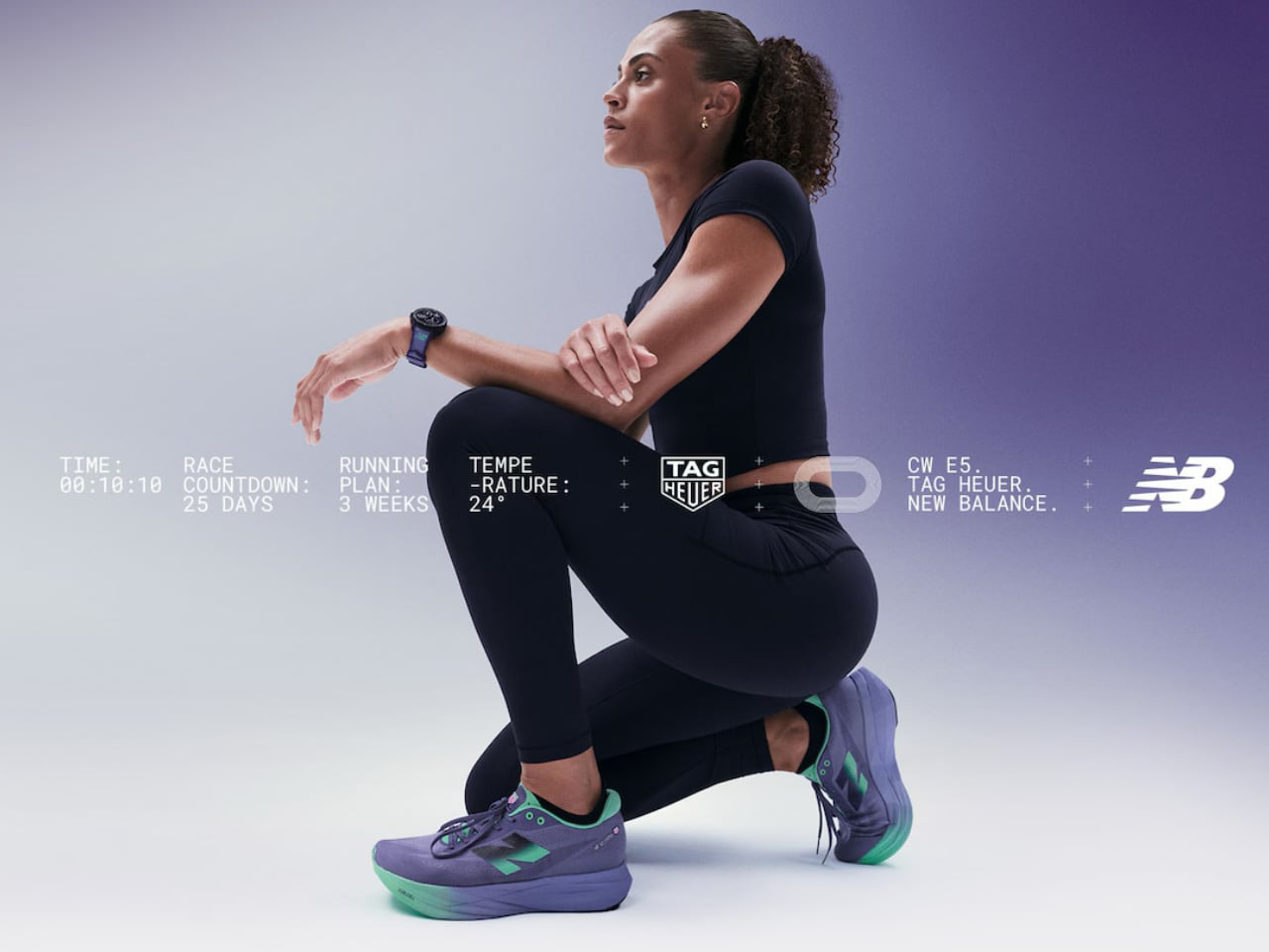 TAG Heuer Connected Calibre E5 édition New Balance montrant le transfert de matériaux de la chaussure de course FuelCell
